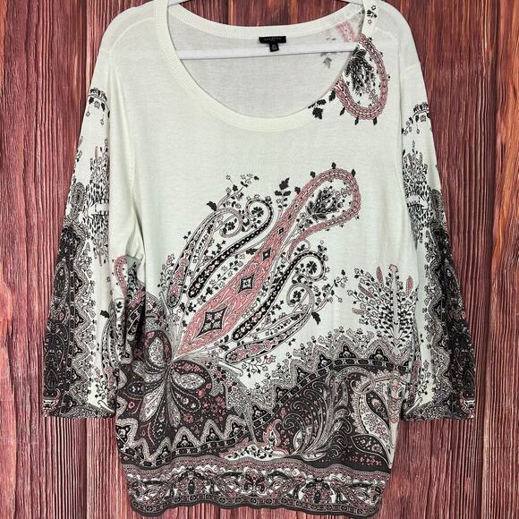 Talbots 2X Sweater Top Paisley Print 3/4 Sleeve Brown Pink Ivory Cotton Blend - Picture 1 of 7
